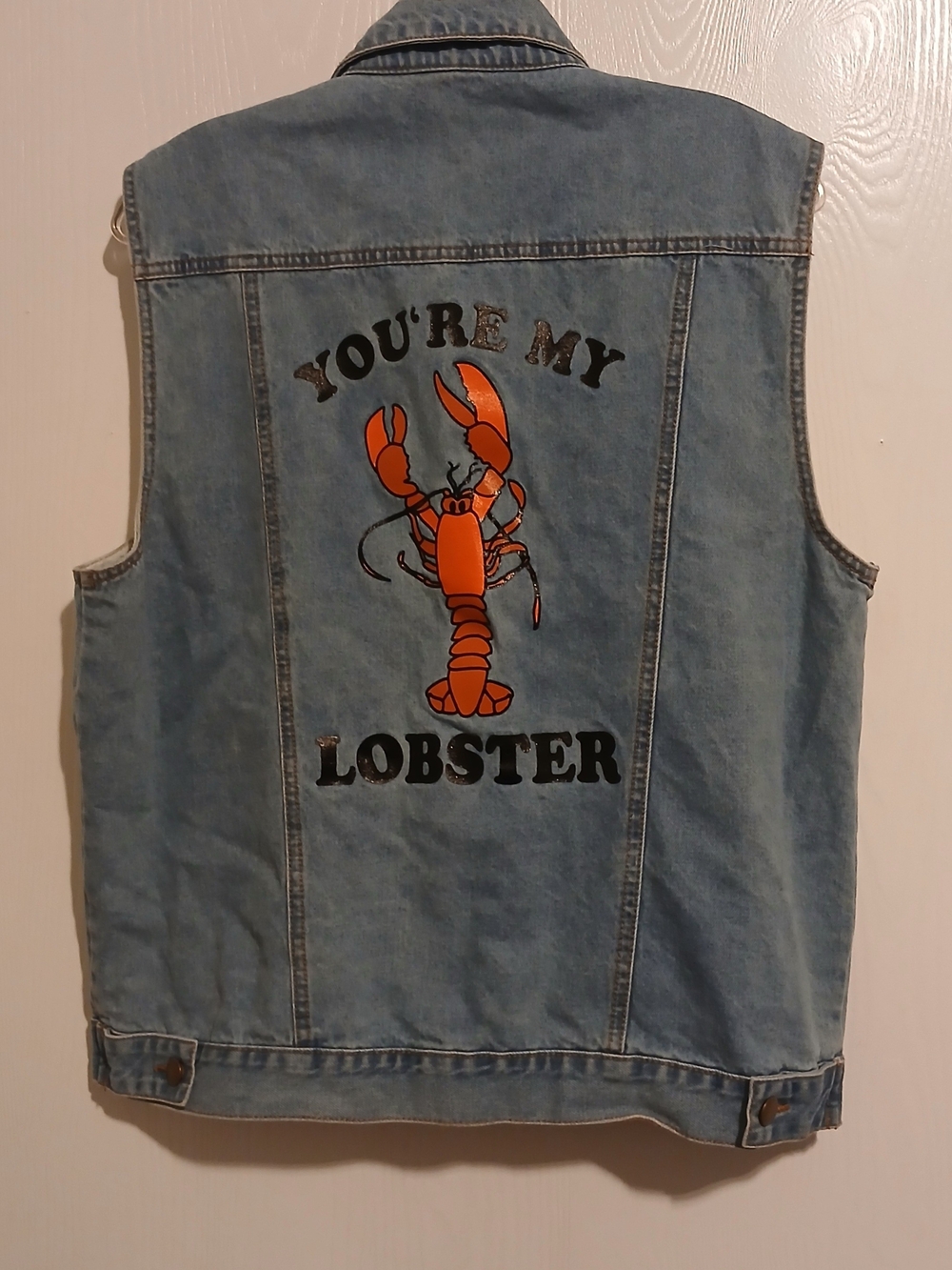 Classic Denim Vest with Orange Lobster Graphic